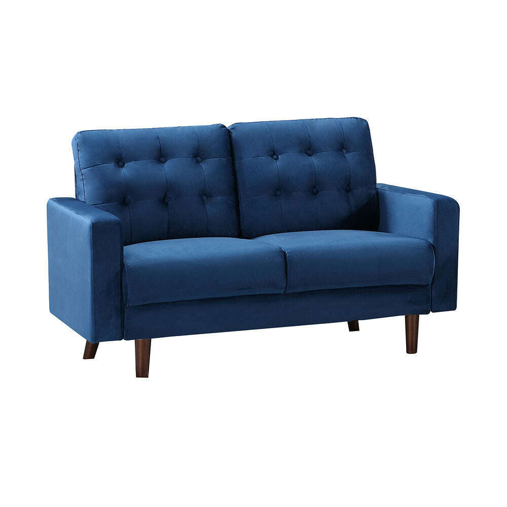 Modern Buttoned Plush Velvet 2 & 3 Seater Sofa with Wood Legs blue 2 seater