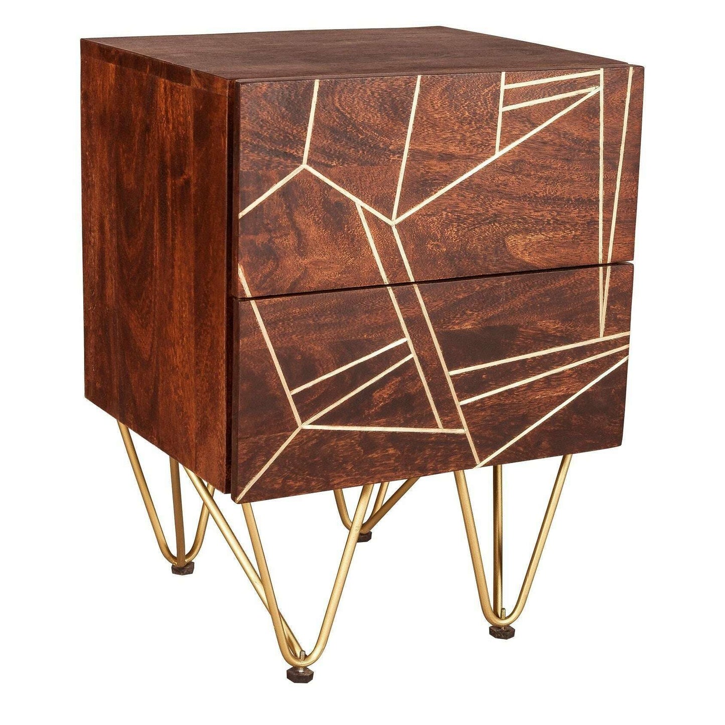 Dark Solid Wood Gold Inlay 2 Drawer Side Chest
