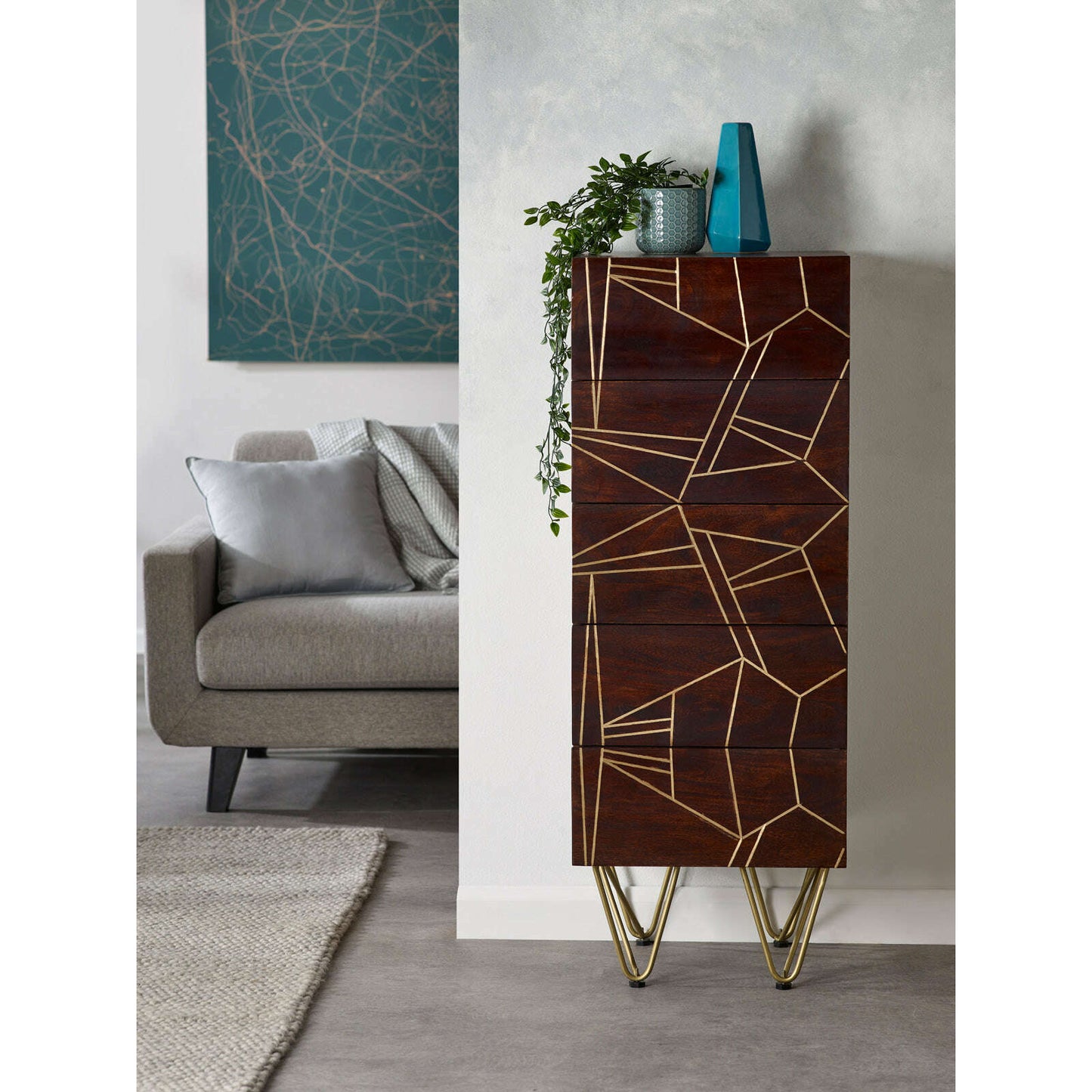 Dark Solid Wood Gold Inlay Tall 5 Drawer Chest of Drawers lifestyle pic