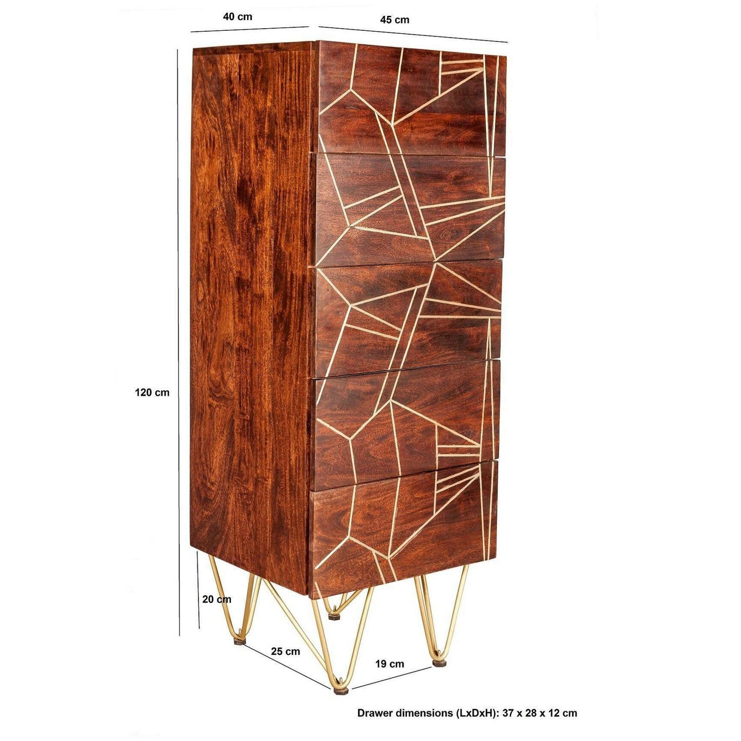 Dark Solid Wood Gold Inlay Tall 5 Drawer Chest of Drawers dimensions