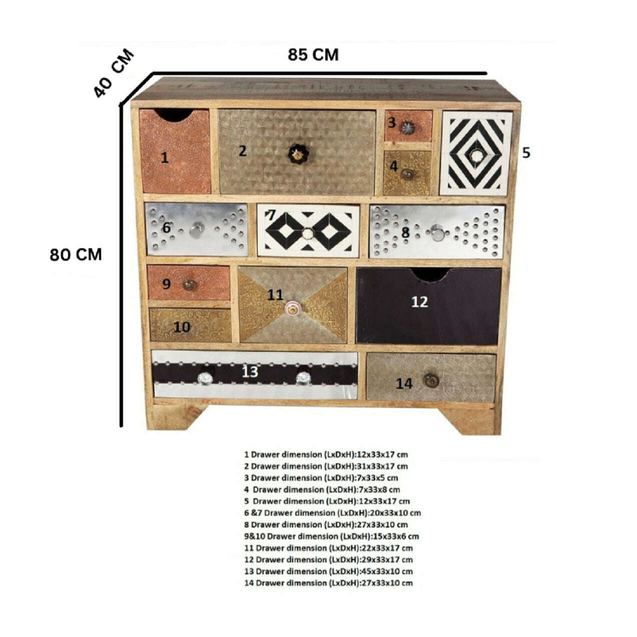 Hand Crafted 14 Drawer Geometric Dresser dimensions
