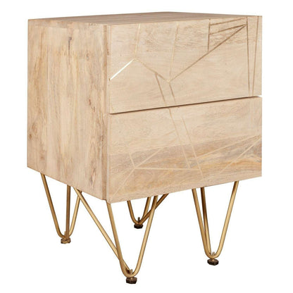 Light Solid Wood Gold Inlay 2 Drawer Side Chest