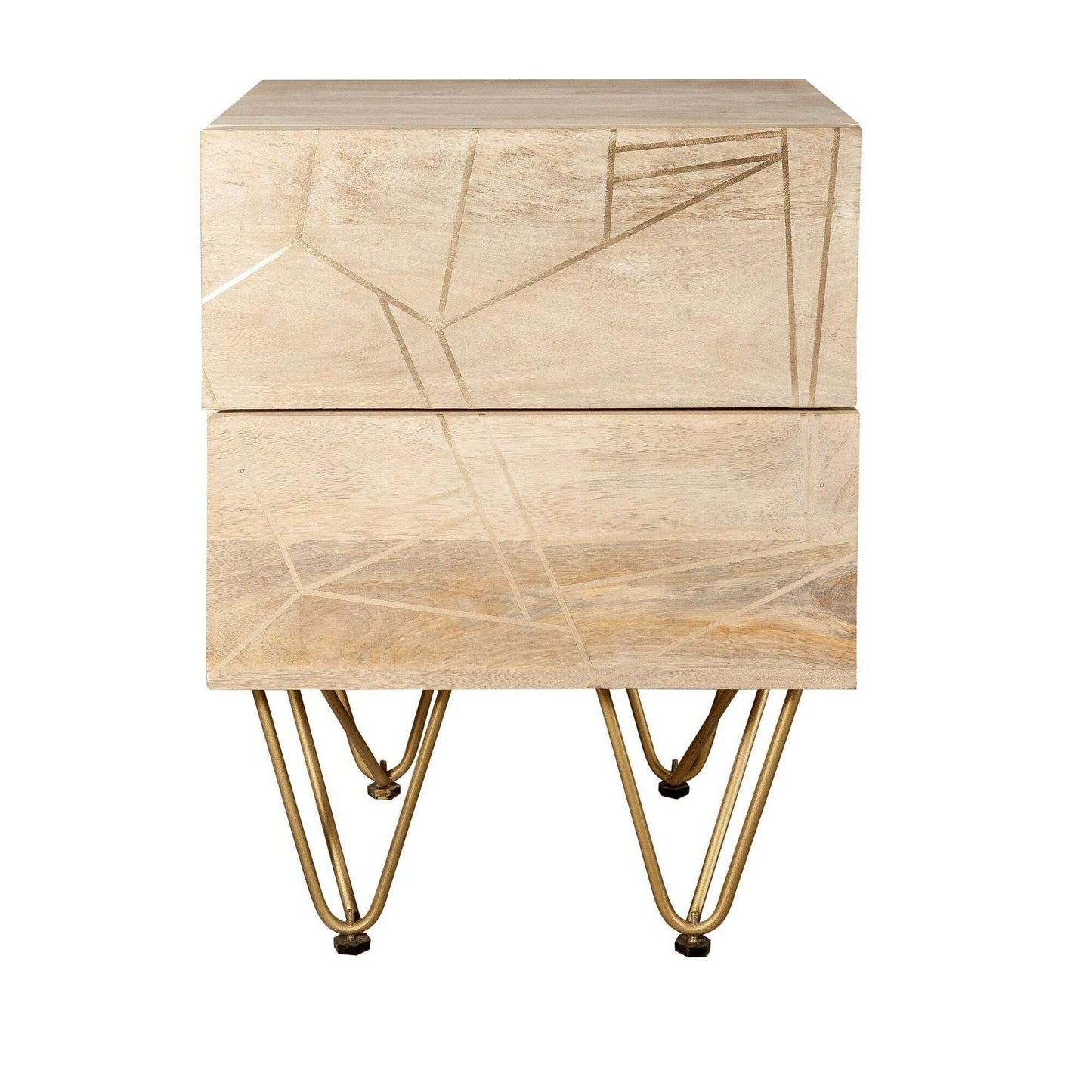 Light Solid Wood Gold Inlay 2 Drawer Side Chest front view