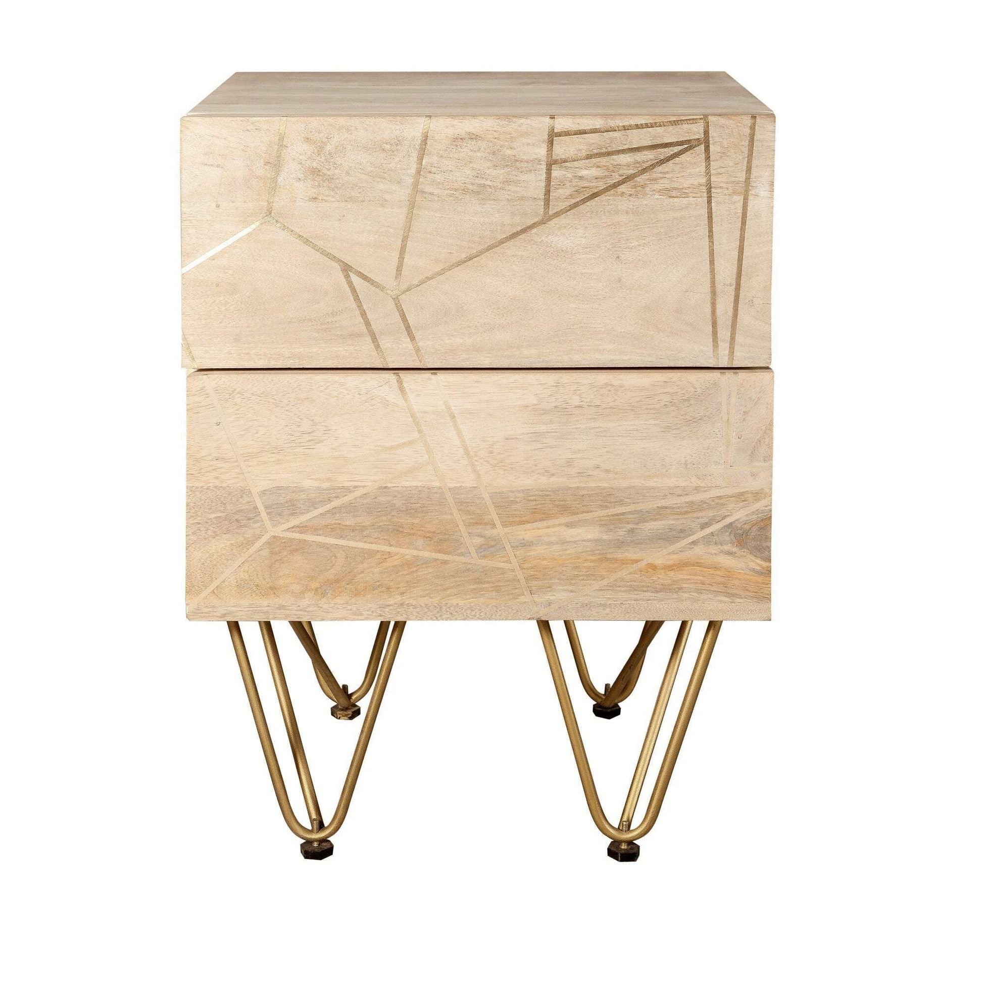 Light Solid Wood Gold Inlay 2 Drawer Side Chest front view
