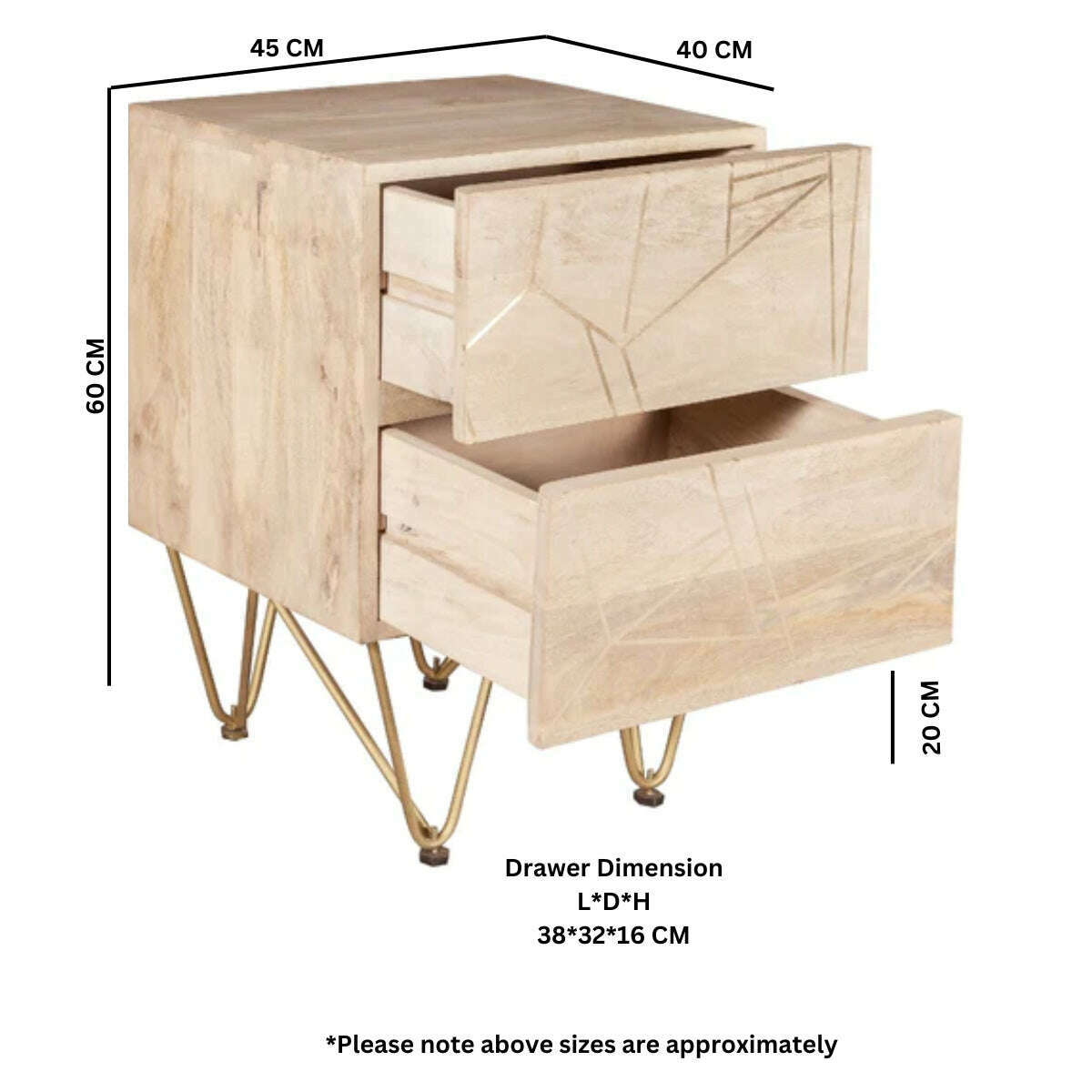 Light Solid Wood Gold Inlay 2 Drawer Side Chest dimensions