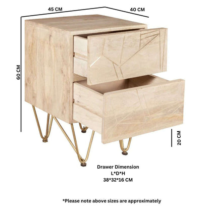 Light Solid Wood Gold Inlay 2 Drawer Side Chest dimensions