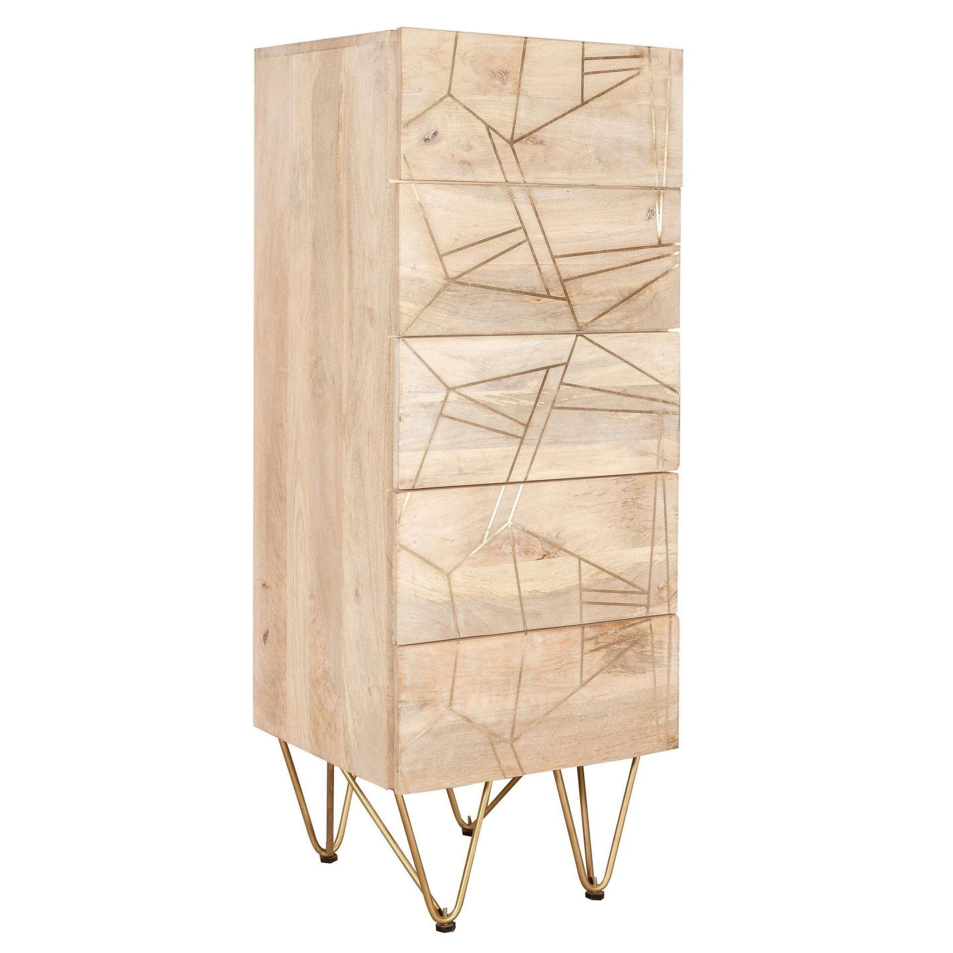 Light Solid Wood Gold Inlay Tall 5 Drawer Chest of Drawers
