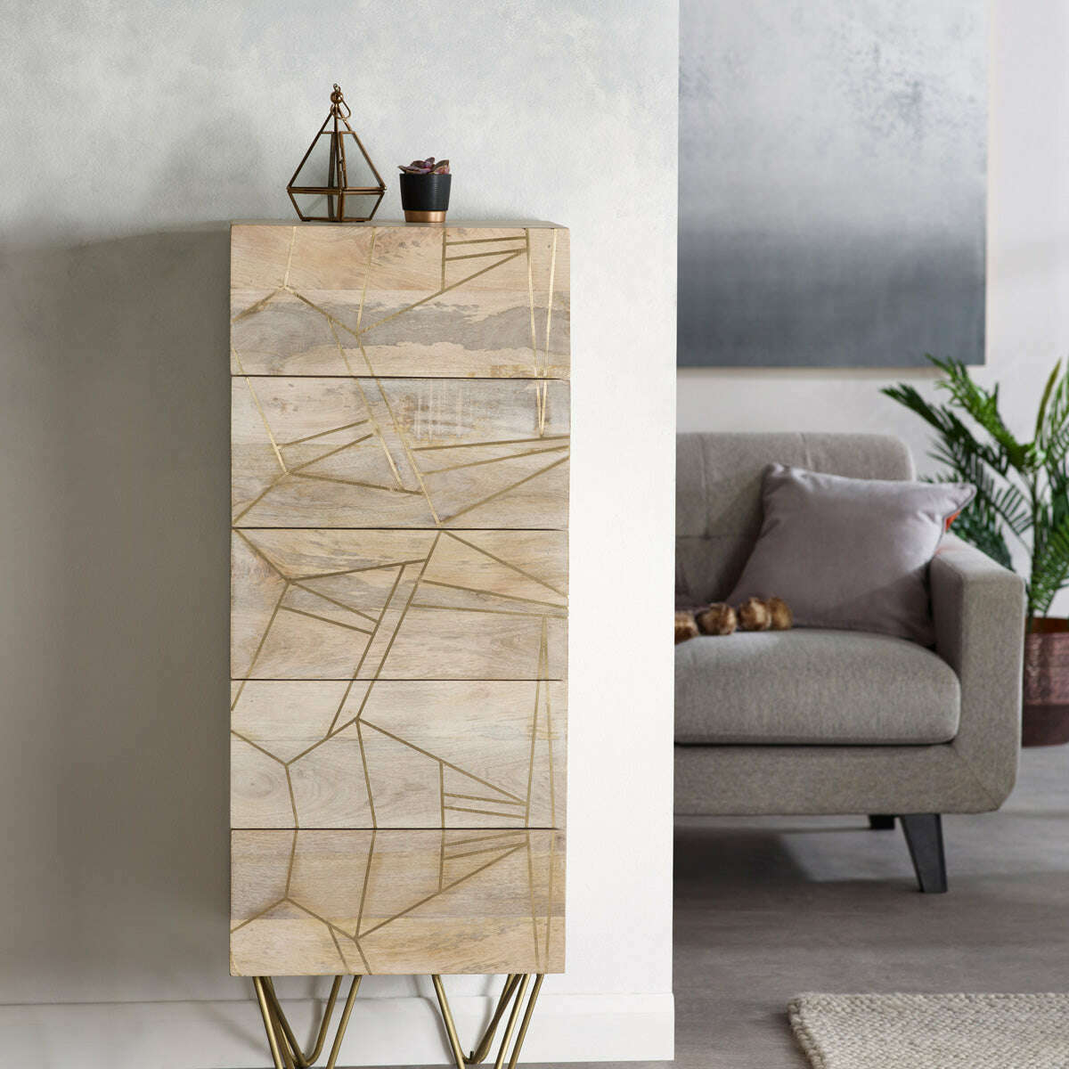Light Solid Wood Gold Inlay Tall 5 Drawer Chest of Drawers lifestyle pic