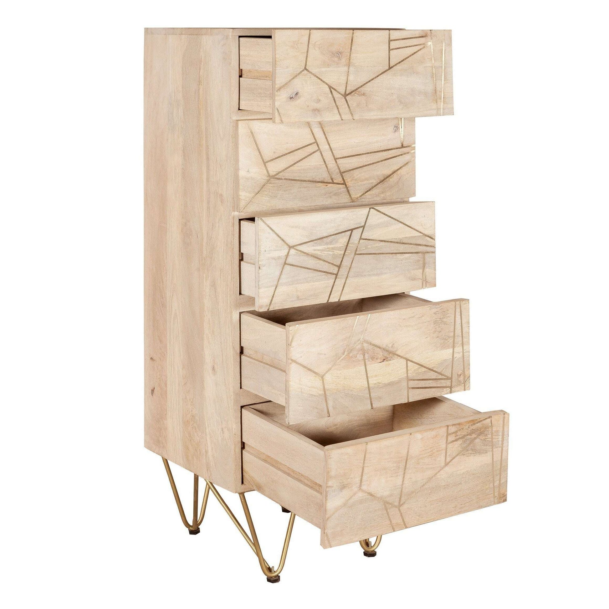 Light Solid Wood Gold Inlay Tall 5 Drawer Chest of Drawers drawers