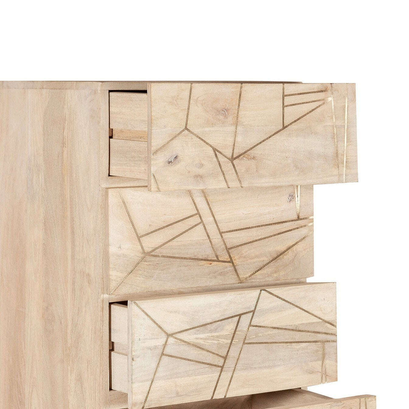 Light Solid Wood Gold Inlay Tall 5 Drawer Chest of Drawers open drawers