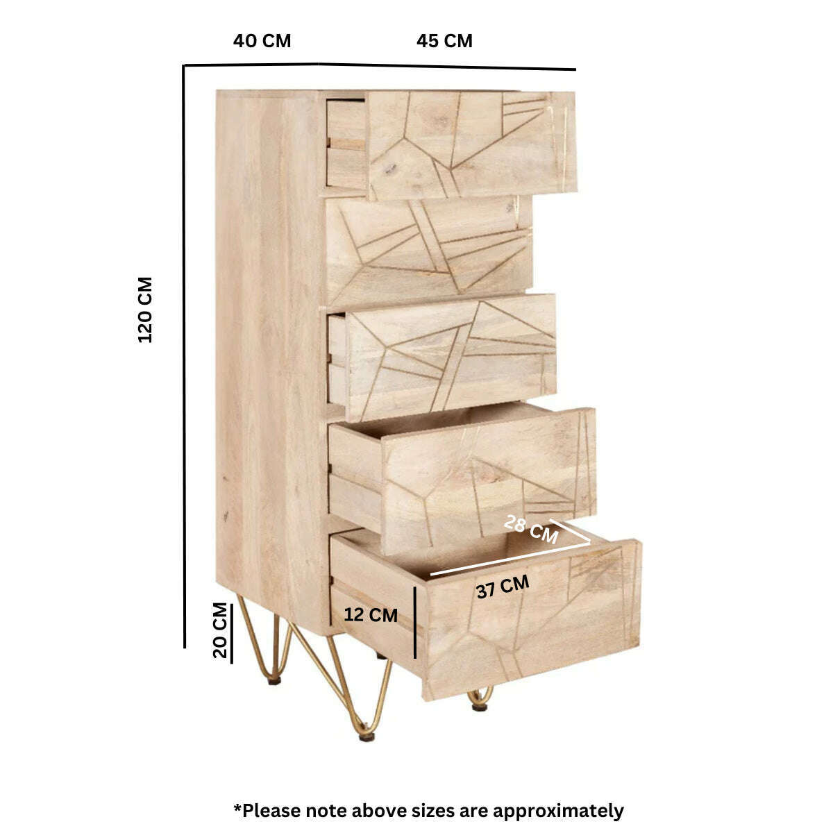 Light Solid Wood Gold Inlay Tall 5 Drawer Chest of Drawers dimensions