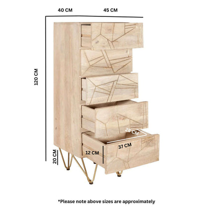 Light Solid Wood Gold Inlay Tall 5 Drawer Chest of Drawers dimensions