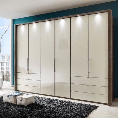 Loft VIP Glass Front Combi Wardrobe Outer Drawers Cornice/LED Lights - Height 240 cm