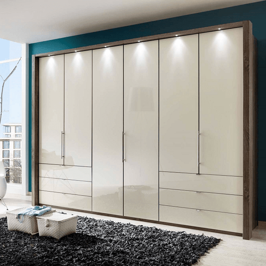 Loft VIP Glass Front Combi Wardrobe Outer Drawers Cornice/LED Lights - Height 240 cm