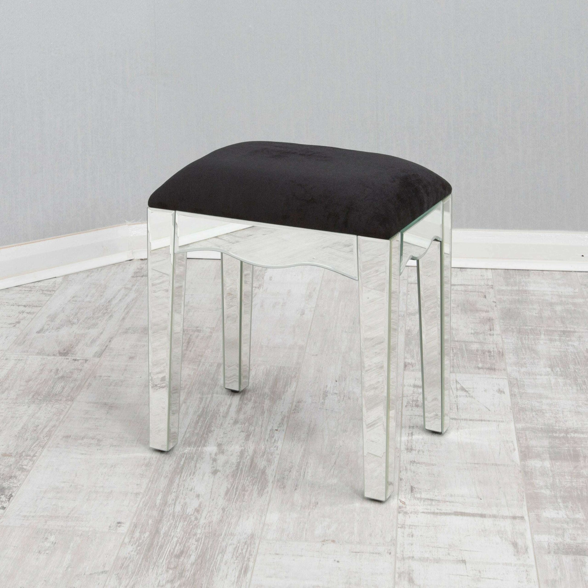 Luxury Black Velvet Upholstered Clear Mirrored Dressing Table Stool