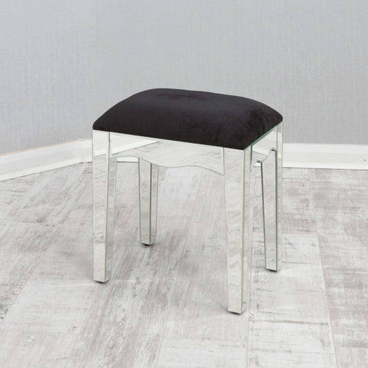 Luxury Black Velvet Upholstered Clear Mirrored Dressing Table Stool