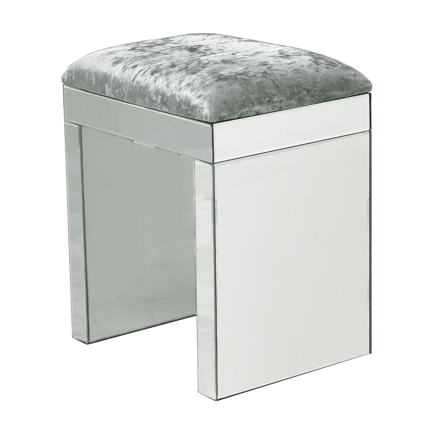 Luxury Plain Mirrored Dressing Table Stool with Sled Legs & Silver Crushed Velvet Cushion