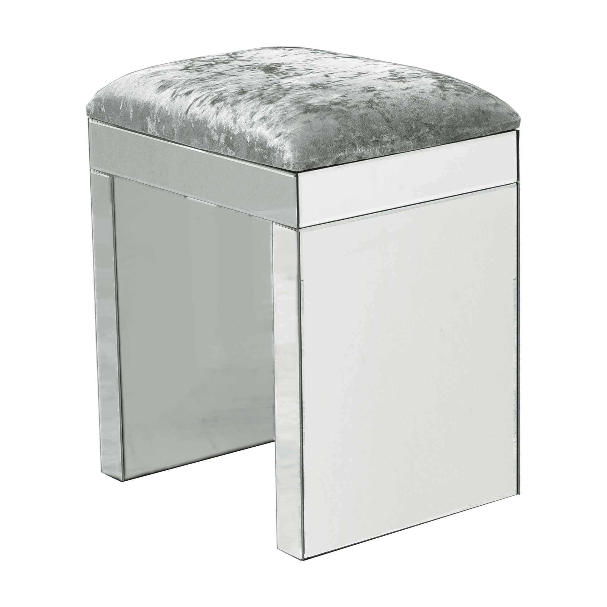 Luxury Plain Mirrored Dressing Table Stool with Sled Legs & Silver Crushed Velvet Cushion