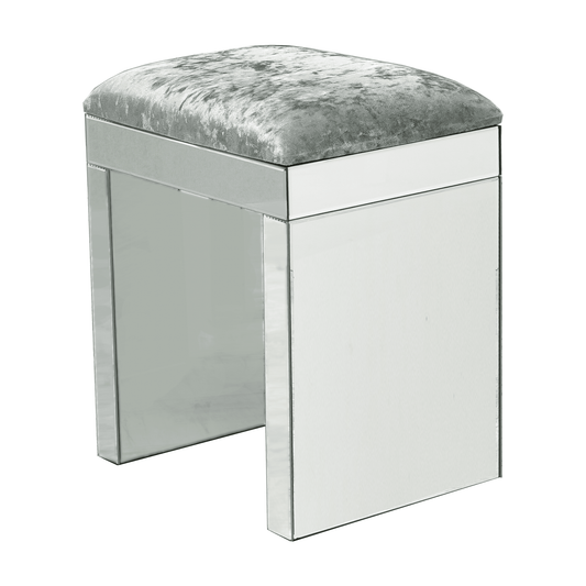 Luxury Plain Mirrored Dressing Table Stool with Sled Legs & Silver Crushed Velvet Cushion