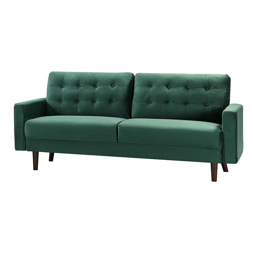 Modern Buttoned Plush Velvet 2 & 3 Seater Sofa with Wood Legs green 3 seater