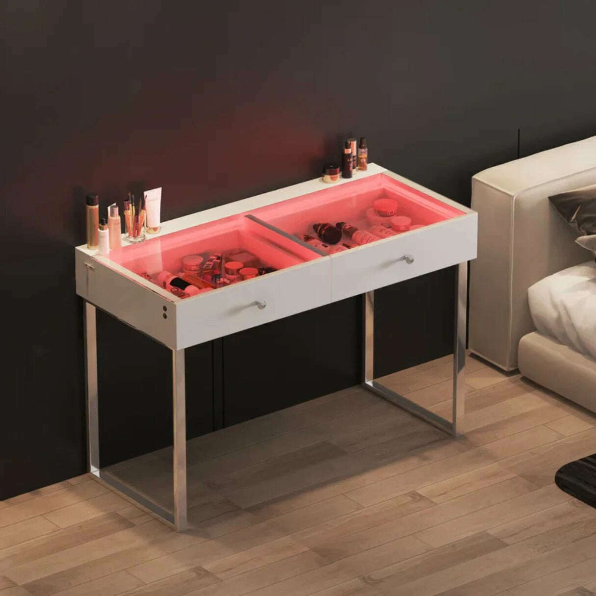 Professional Vanity 2 Spacious Drawers USB/Integrated LED Lights red lights