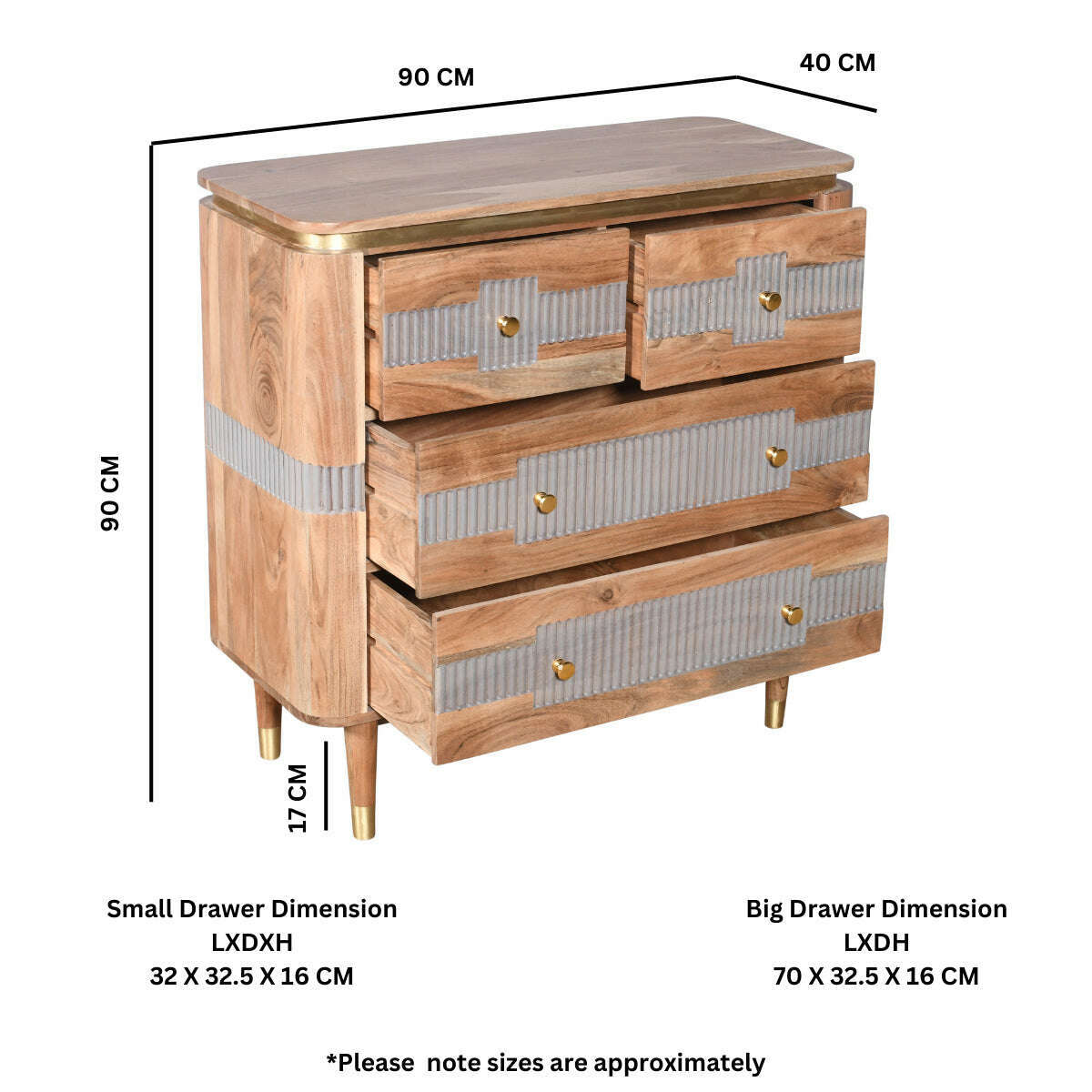 Solid Acacia Wood 4 Drawer Chest dimensions
