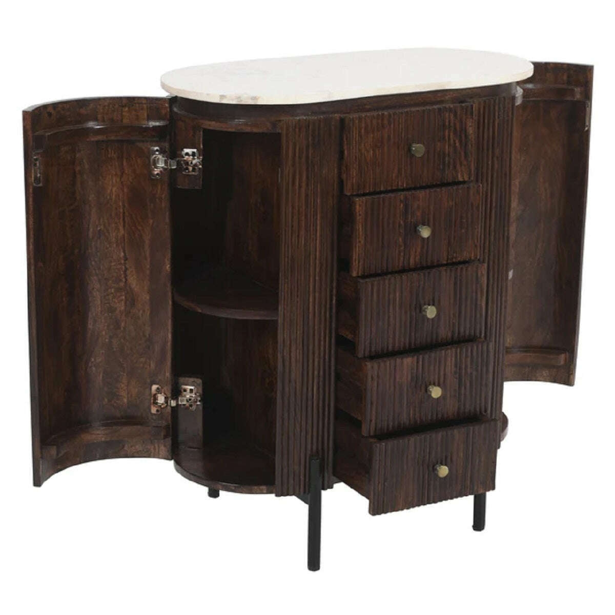 Solid Mango Wood Chest with Marble Top open doors drawers
