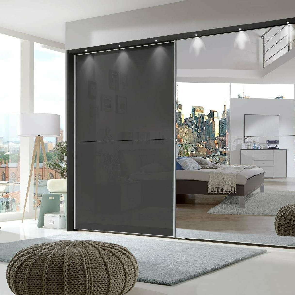 Berlin 2 Door Graphite Glass/Mirrored Front Framed Sliding Wardrobe - Height 221 cm