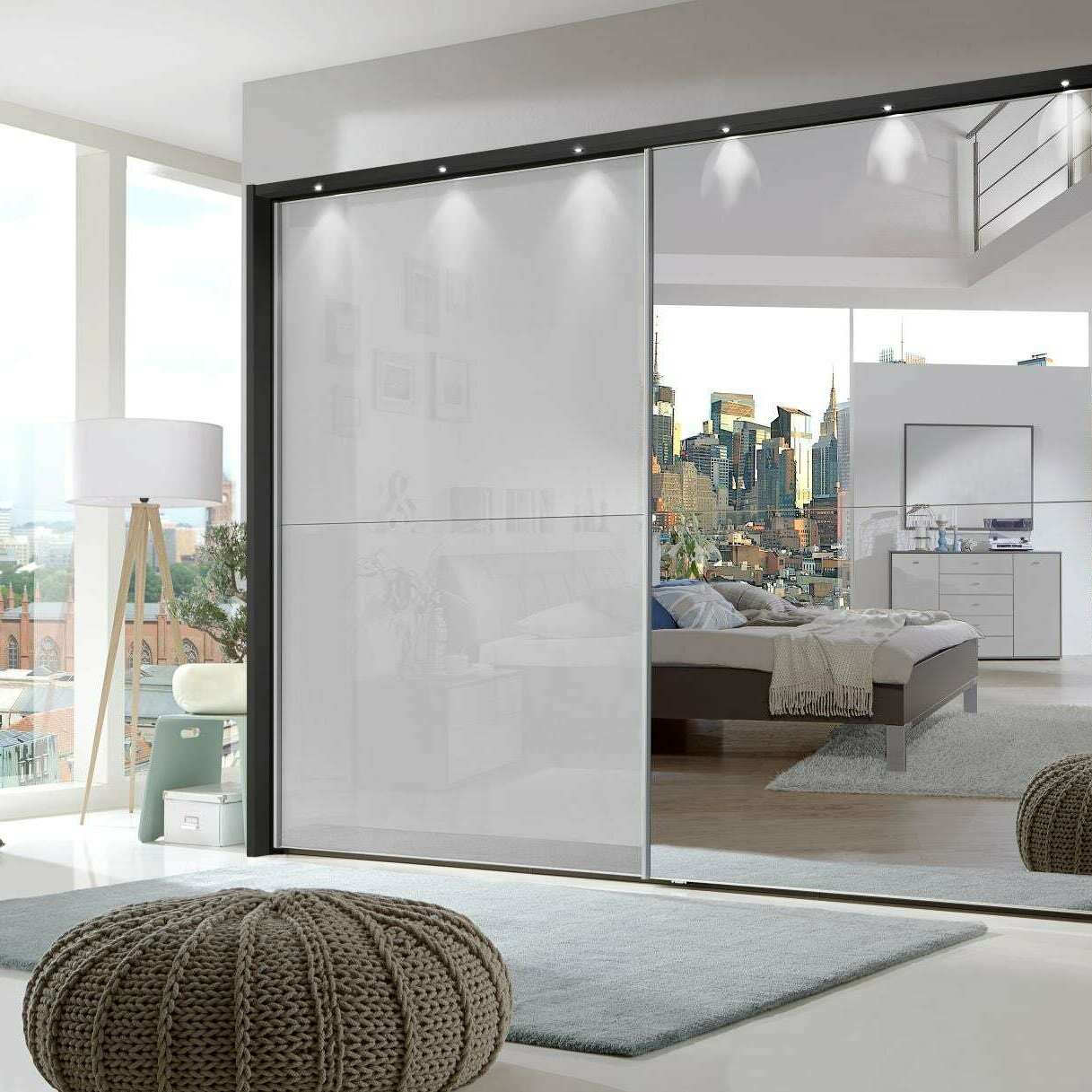 Berlin 2 Door Pebble Grey Glass/Mirrored Front Framed Sliding Wardrobe - Height 221 cm