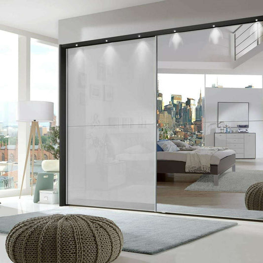 Berlin 2 Door White Glass/Mirrored Front Framed Sliding Wardrobe - Height 221 cm