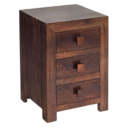 Dark Solid Mango Wood Cube 3 Drawer Side Chest