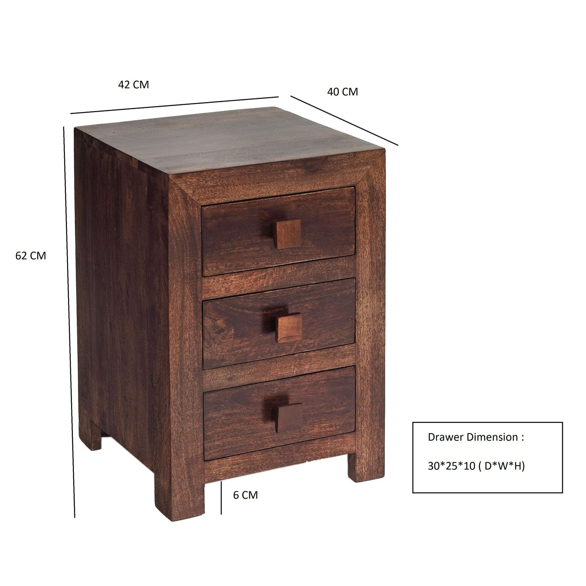 Dark Solid Mango Wood Cube 3 Drawer Side Chest dimensions
