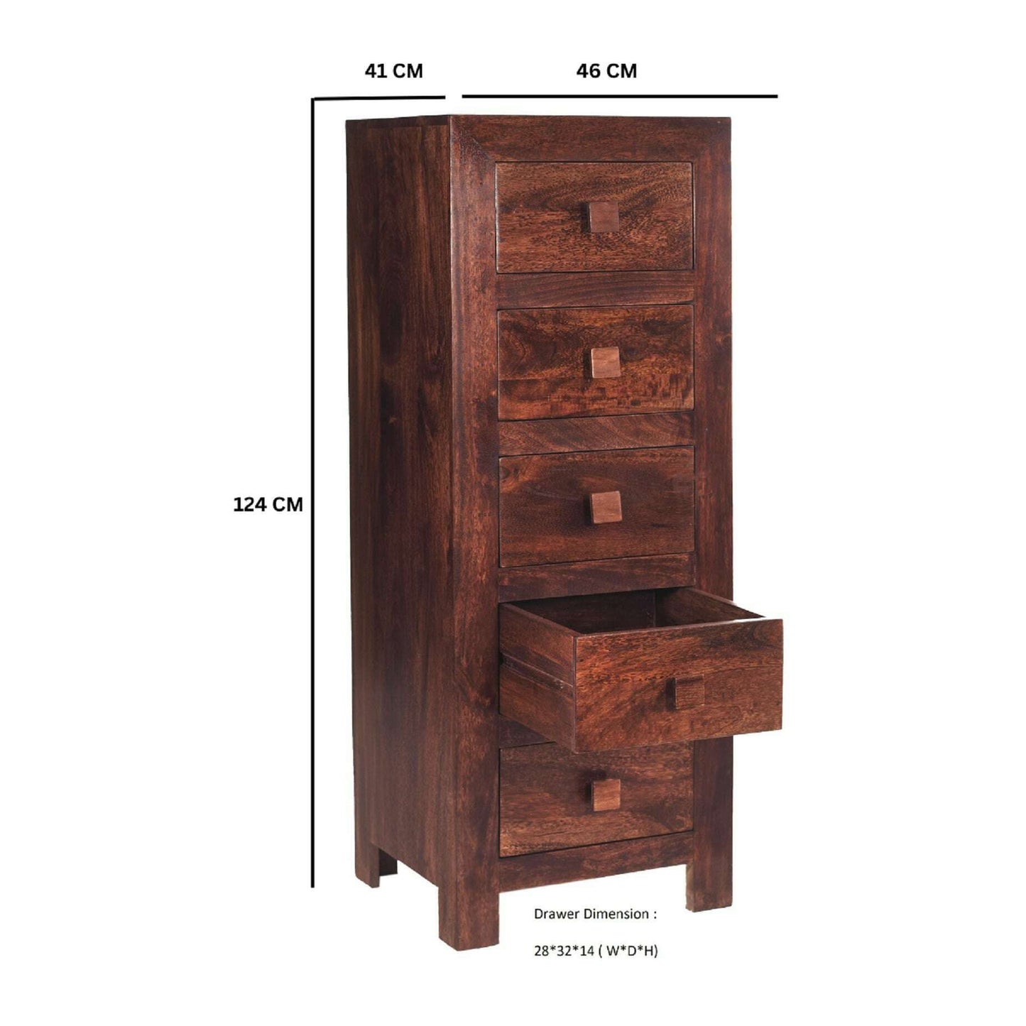 Dark Solid Mango Wood Tall 5 Drawer Chest dimensions