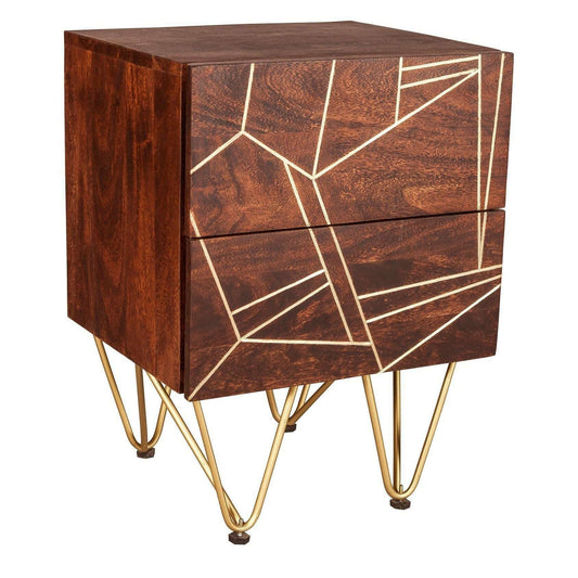 Dark Solid Wood Gold Inlay 2 Drawer Side Chest