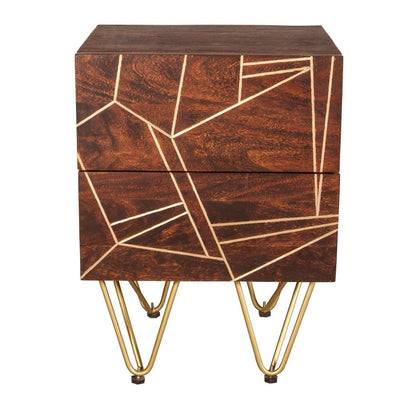 Dark Solid Wood Gold Inlay 2 Drawer Side Chest Front View