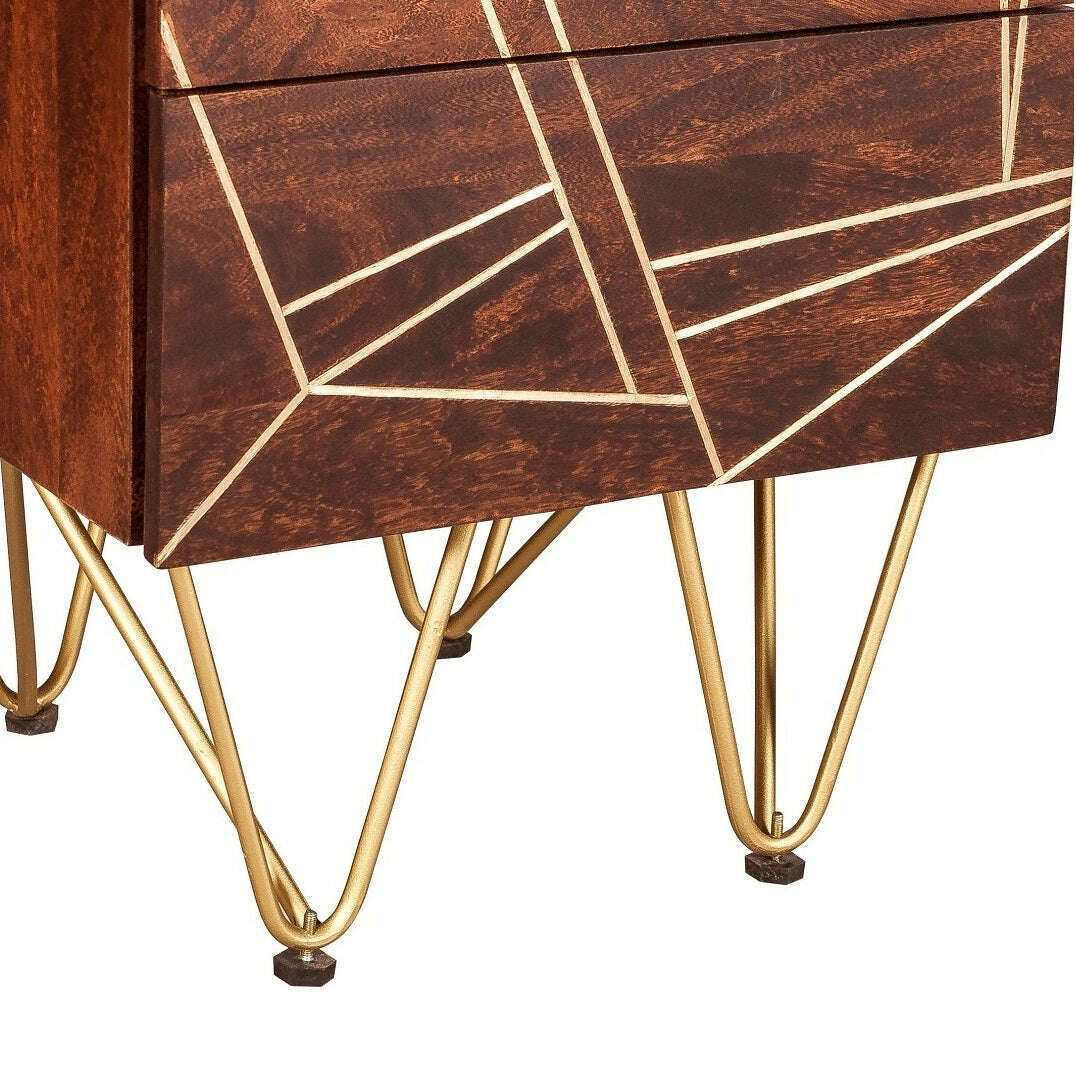 Dark Solid Wood Gold Inlay 2 Drawer Side Chest feet
