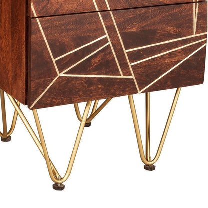 Dark Solid Wood Gold Inlay 2 Drawer Side Chest feet
