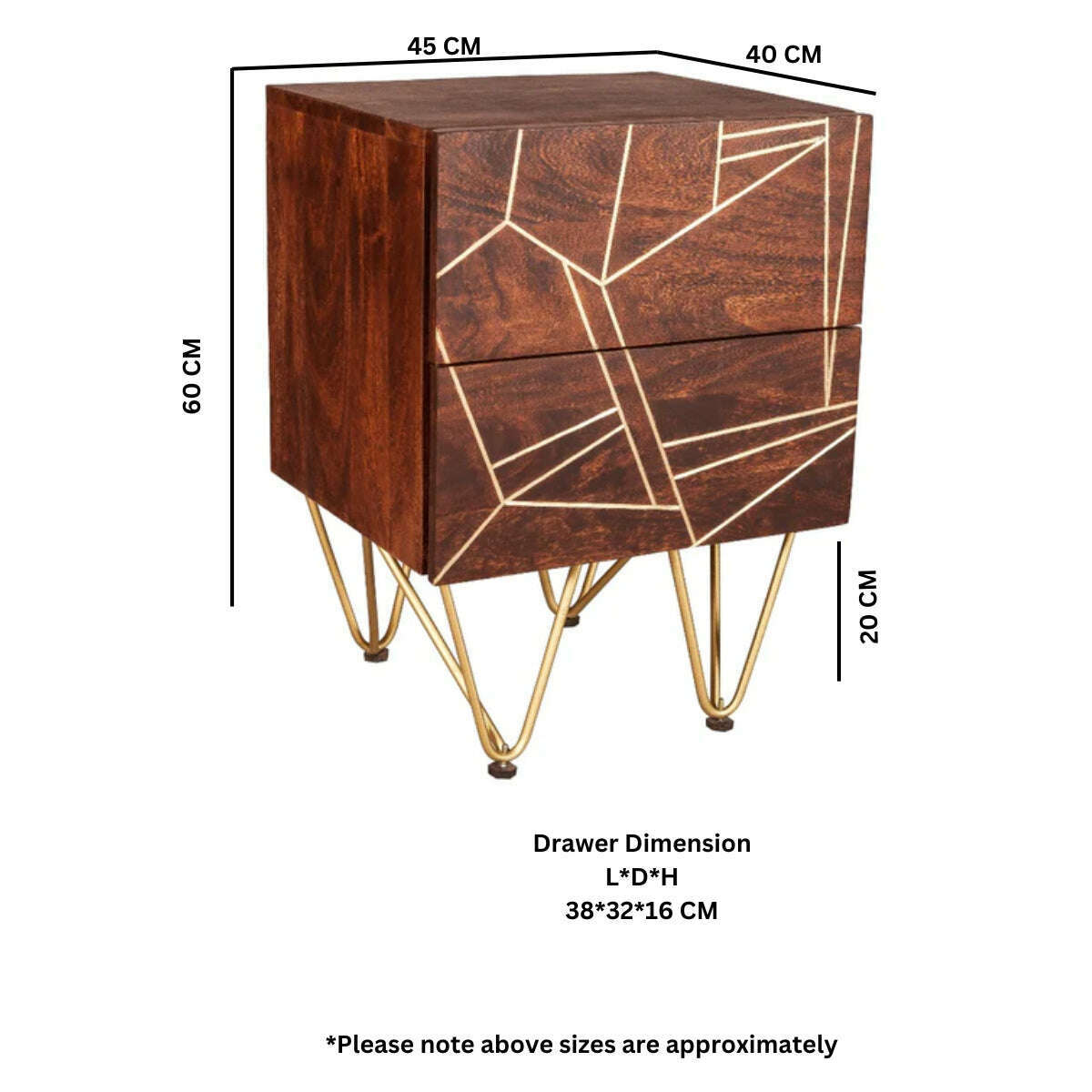 Dark Solid Wood Gold Inlay 2 Drawer Side Chest dimensions