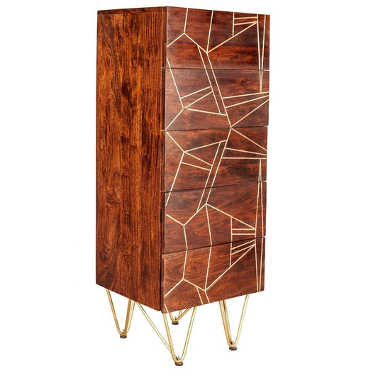 Dark Solid Wood Gold Inlay Tall 5 Drawer Chest of Drawers