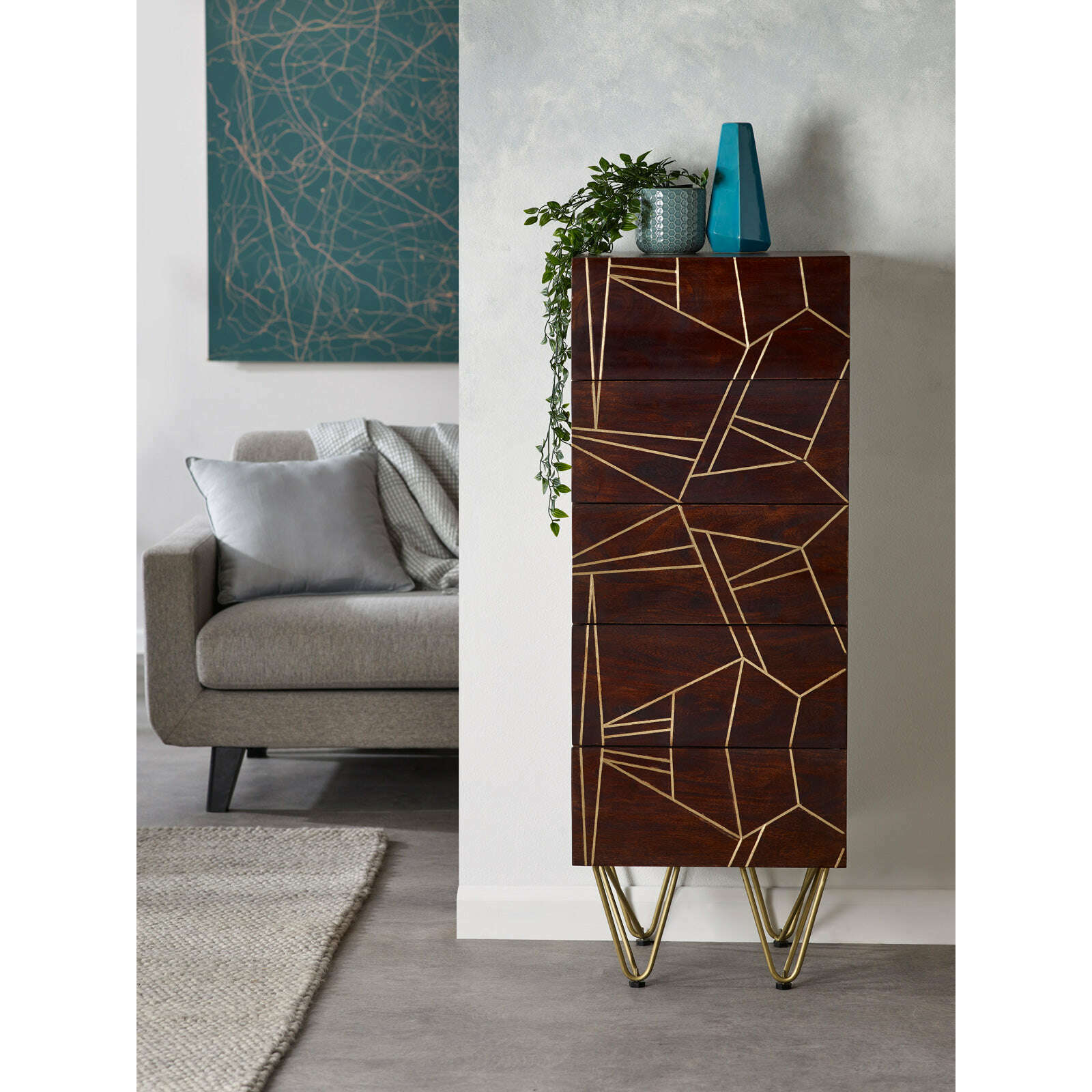 Dark Solid Wood Gold Inlay Tall 5 Drawer Chest of Drawers lifestyle pic