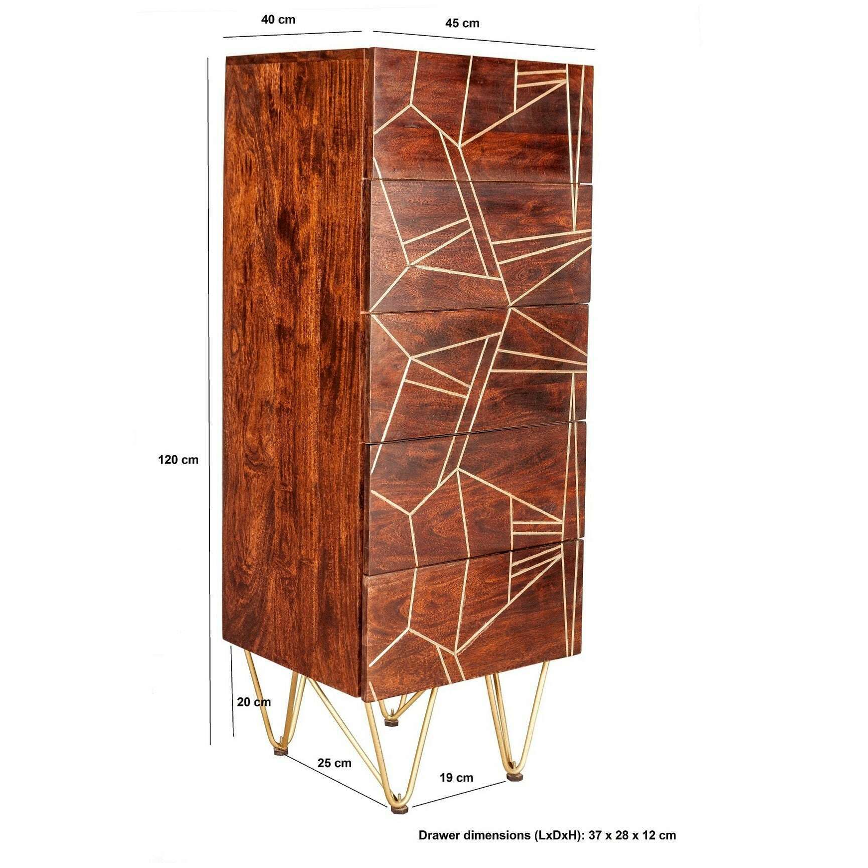 Dark Solid Wood Gold Inlay Tall 5 Drawer Chest of Drawers dimensions