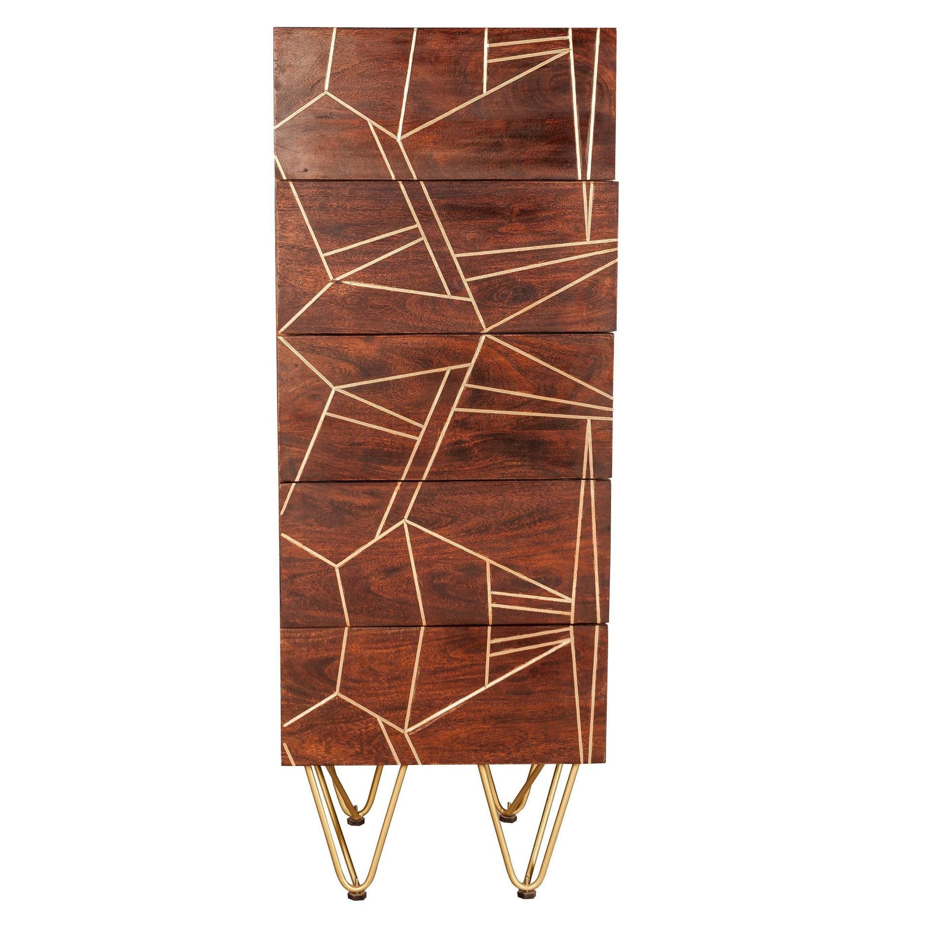 Dark Solid Wood Gold Inlay Tall 5 Drawer Chest of Drawers front view
