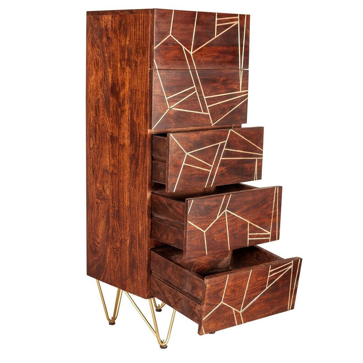 Dark Solid Wood Gold Inlay Tall 5 Drawer Chest of Drawers - drawers