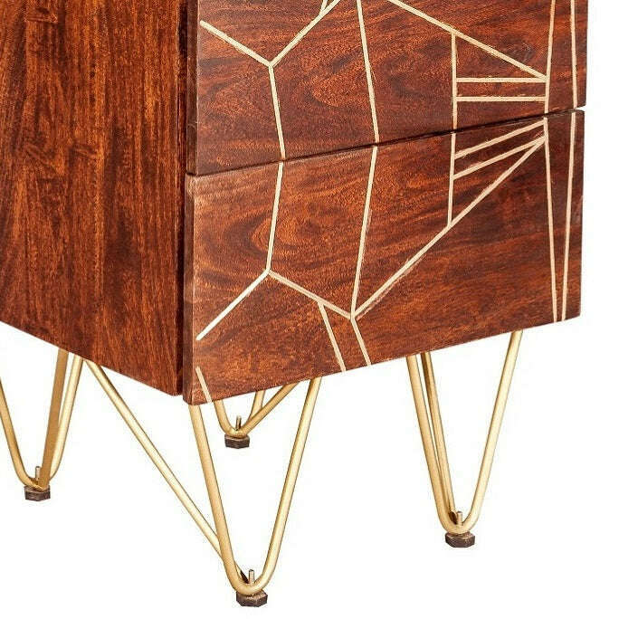 Dark Solid Wood Gold Inlay Tall 5 Drawer Chest of Drawers feet