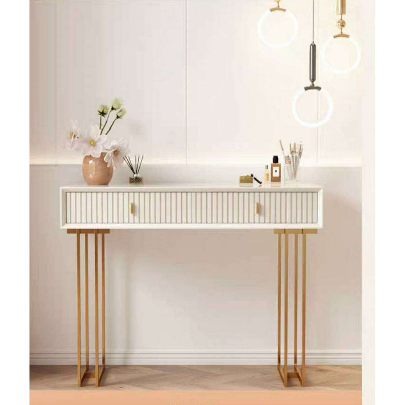 Elegant 2 Drawer Dressing Table with Gold Accent Legs white